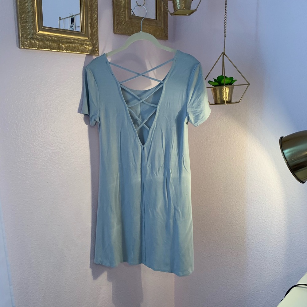 Forever 21 flowy sky blue cross open back dress